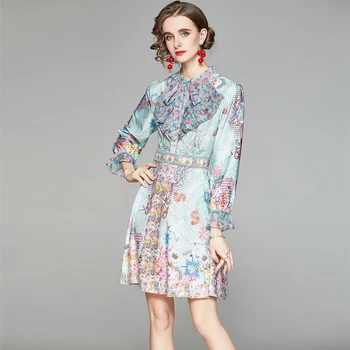 2021 Mados Dizaineris Naujas Vasaros Suknelė Moterims Susiėmę Drugelis Apykaklę, Trumpas Rankovės Gėlių Spausdinti Derliaus Slim-Line Suknelė