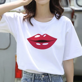 2021 Moterų Marškinėliai Seksuali Burną Grafinis Spausdinti Vasaros Atsitiktinis Trumpas Rankovės Korėjos Mados Estetinės Moterų Ponios Viršų Tees TShirts