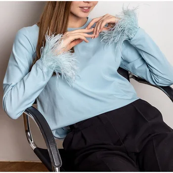 2022 m. Pavasarį, Rudenį Atsitiktinis O-kaklo, ilgomis Rankovėmis Megztinis Viršūnes Moterų Plunksnų T-shirt Mados Elegantiškas Office Lady Palaidinė Marškinėliai
