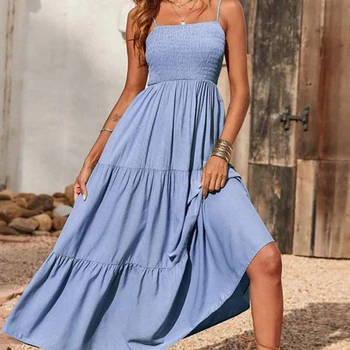 2022 m. Vasarą Long Maxi Suknelė Moterims Spageti Dirželis Šalies Ponios Suknelė Linijos, Elegantiškas Plisuotos Suknelė Moterims Drabužių