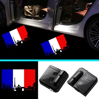 2x Prancūzijos Vėliavos prancūzijos Paryžiuje Vėliava, Automobilių Durų Logo Lemputės Belaidžio Mandagumo Infraraudonųjų spindulių Jutiklį, LED Šviesos Dvasia, Šešėlis Projektorius