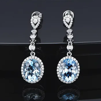 Akvamarinas brangakmenių mėlyna kristalų cirkonis deimantų lašas auskarai moterims, 18k balto aukso, sidabro spalvų papuošalai bijoux bague dovana