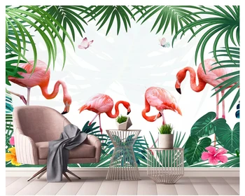 beibehang Užsakymą šilkiniai tapetai ranka pieštas mažų šviežių tropinių lapai drugelis flamingo tv fono sienos dokumentų namų dekoro