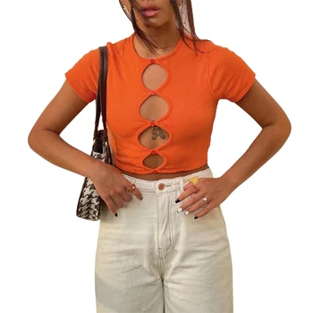 Elegantiškos Moterys T-shirt Mados Vasaros Oranžinės, Apvalios Apykaklės Tuščiaviduriai Mygtuką Apkarpyti Viršūnes Streetwear trumpomis Rankovėmis su Briaunomis Tees