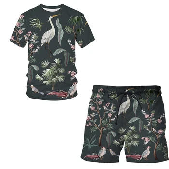 Gėlių, paukščių ir augalų iliustracija Vasaros Naują 3D Spausdinimo Atsitiktinis Vyrų Kostiumas trumparankoviai marškinėliai + Sporto Šortai 2-piece Set