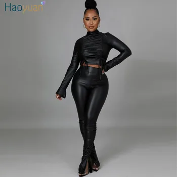 HAOYUAN Sexy Black PU Odos, Dviejų dalių Rinkinys Moterims Nėrinių ilgomis Rankovėmis Pasėlių Viršuje Kelnės Kostiumas Rudenį Drabužių Loungewear Atitikimo Rinkiniai