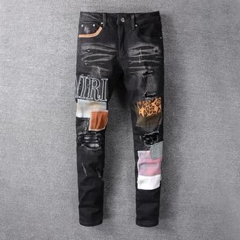Hip-Hop Džinsai Vyrams Aukštosios Gatvės Mados Nauja Juoda Dėmelė Siuvinėjimo Ruožas Slim Fit Jeans Mens Vasaros Jeans Mens Džinsai