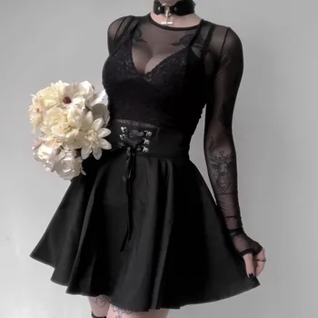 InsGoth Aukšto Juosmens Klostuotas Mini Sijonai Moterims Gothic Punk Juoda Nėrinių Sijonas Atsitiktinis, Kietas Streetwear Feminina-line Šalies Sijonas