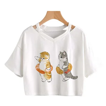 Kawaii Animaciją Kačių Print T-Shirt Vasaros Gotikos Moterų Atsitiktinis Viršų Patogus Universalus V-Kaklo Sutrumpintas Viršų