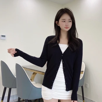Korėjos Mados Juoda Apkarpytos Palaidinės Megztinis Moteriška Apranga Megztiniai Jersey ilgomis Rankovėmis Viršuje Moterų Kailio Pavasario 2022 Stilius