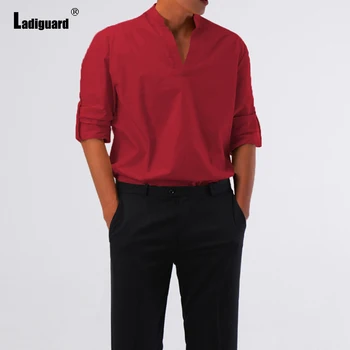 Ladiguard Mens Elegantiškas Mados Marškinėliai BasicTops Seksualus Vyrų drabužiai 2021 m. Rudenį Marškinėliai BlousLong Rankovės Atsitiktinis Puloveriai Raudona Balta