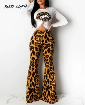 Lūpų Spausdinti Ilgomis Rankovėmis Viršūnes & Leopard Kelnes Nustatyti Rudenį Moterų Atsitiktinis 2 Dalių Komplektas Komplektai Streetwear