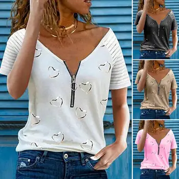 Madingų Moterų Vasara Širdyje, Print T-Shirts Streetwear Užtrauktukas Dekoro V-Kaklo trumpomis Rankovėmis Atsitiktinis Palaidų Puloveriai Viršų