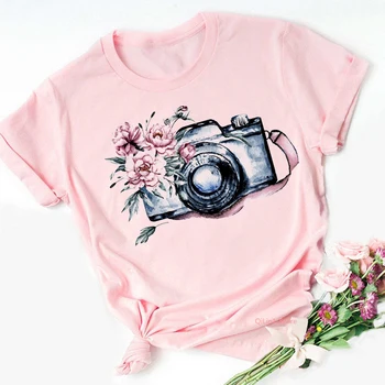 Moterų Drabužiai 2021 M. Vasaros Derliaus Gėlių Fotoaparato Spausdinimo Tee Marškinėliai Femme Mielas Rožinis Marškinėlius Lady Pink Viršuje Studentų Laisvalaikio Marškinėliai