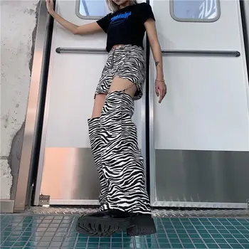 Moterų Dryžuotas Zebras Odos Spausdinti Užtrauktukas, Nuimamas Grandinės Kojų Šilčiau Ziajać Harajuku Lady Hipster Ilgas Kelnes Korėjos Mados Kelnės