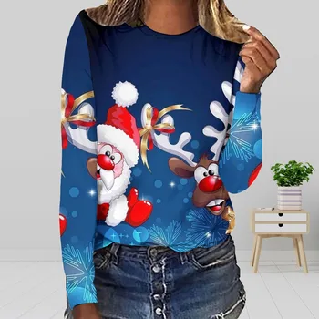 Moterų Kalėdų Apvalios Kaklo 3D Skaitmeninis Spausdinimas Long Sleeve T Shirt Viršuje Atletiškas Marškinėliai Moterims Vasaros
