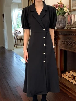 Moterų Vasaros Derliaus-Line Midi Black Dress 