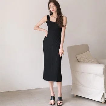 Naujas Arrvials Elegantiška Žalia Slim Mezgimo Suknelės Moterims Korėjos Mados Dantį Spageti Dirželis Midi Suknelė 2021 Sundress