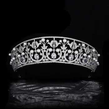 Naujų Senovinių Prabangių Kubinis Cirkonis Perlas Princess Tiara Bridal Crown HairJewelry Vestuvių Suknelė Aksesuarai HT21019
