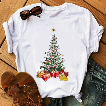 Naujųjų Metų Šventė Kalėdos Marškinėliai Drabužių Moterims Spausdinti Pledas Medžio Lady Tees Viršūnes Drabužių Grafinis T-Shirt Moteris