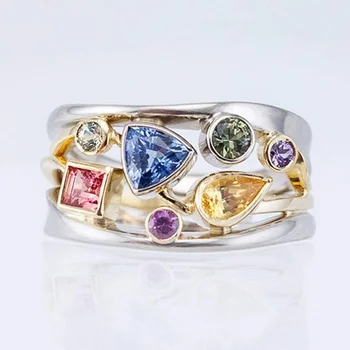 Nereguliarus Deimantų Kristalų Žiedas Išskirtinį Spalvotų Geometrijos Moterų Žiedas Cirkonis Ripple Žiedas Spalvinga Prabanga, Asmenybės Žiedas