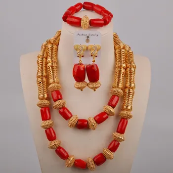 Nigerijos Mados Raudona Natūralių Koralų Karoliukų Karoliai Afrikos Vestuvių Nuotakos Suknelė Aksesuarai, Vestuvių Papuošalų Rinkinys AU-667