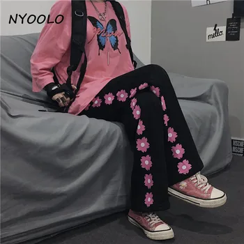 NYOOLO Harajuku streetwear Gėlių spausdinti Prarasti pločio kojų kelnės moterims Atsitiktinis elastinga juosmens hip-hop riedlentė jogger kelnės