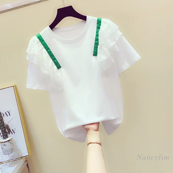 Nėriniai Kratinys Susiėmę Medvilnės Marškinėliai Moterims Trumpomis Rankovėmis White Tee Marškinėliai Moteriška Korėjos Mados Purus Baltas Viršūnes 2021 Nancylim