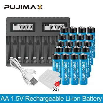 PUJIMAX Naujų 1,5 V Įkraunama Ličio Baterija 3400mWh Didelės Talpos Li-ion Baterija Su 8-lizdas, 1.5 V Li-ion Baterijų Įkroviklis