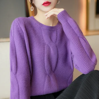 Rudenį ir žiemą moterų apvalios kaklo kanapių gėlių megztinis džemperis 100% grynos vilnos megztinis vientisų spalvų ilgomis rankovėmis šilta mada