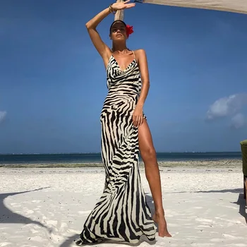 Seksualus Spageti Diržo Pusė Padalinta Paplūdimio Suknelė Vasaros Sundress Moterų Drabužiai Elegantiškas Zebra Atgal Atviras Klubas Šalis Suknelės