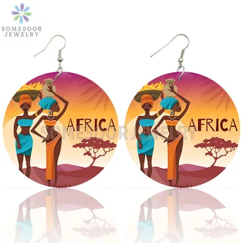 SOMESOOR Afrikos Genčių Headwrap Meno Mediniai Lašas Auskarai Afrocentric Etninės Tradicijos Dizaino Linijų Papuošalai Moterims, Dovanos