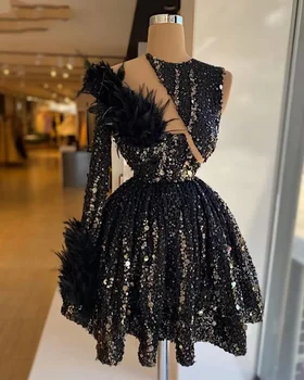 Sparkly Plunksnų Homecoming Suknelės Ilgomis Rankovėmis Prabanga Puošnios Juodos Spalvos Blizgučiais Afrikos Moterys Šalis Chalatai Oficialų Kokteilių Suknelė