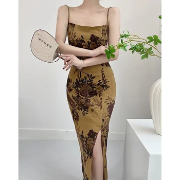 Suknelė Elegantiškas Kinų Stiliaus Medvilnės ir Lino Spausdinti Aukštos Juosmens Suknelės 2023 Vasaros Apdaras Vestidos