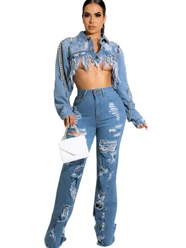 Szkzk Nauji aukštos juosmens ilgai susinervinęs užsiliepsnojo džinsai su kišenė mygtuką ir užtrauktukas Moterų streetwear laukinių ar senas kankina plauti džinsai