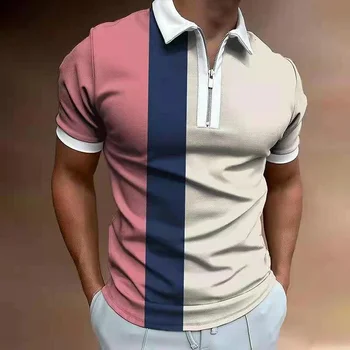 T Shirt Men2023 Vasarą Naujas Dryžuotas Spausdinti Užtrauktukas Polo Marškinėliai trumpomis Rankovėmis Asmenybės Jaunimo Viršuje, vyriški Drabužiai, Drabužių y2k