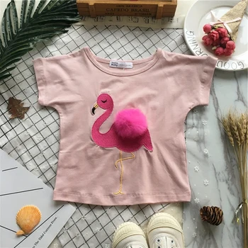 Tonytaobaby Vasaros New Baby Girl Pink Flamingo Medvilnės trumpomis Rankovėmis T-shirt erdvinis Vilnos Kamuolys