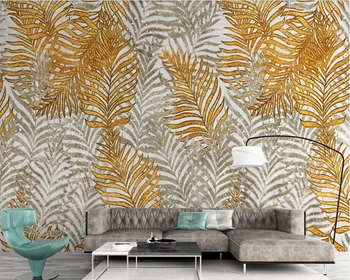 Tropinių augalų lapų derliaus aukso 3d tapetai, freskos,gyvenamasis kambarys studijų sofa-lova, TV wall miegamojo sienos dokumentų namų dekoro restoranas