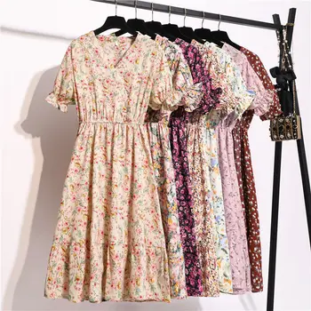 Vasaros 2021 Naujas Moterų Derliaus Gėlių Atspausdintas Šifono Suknelė Ilgos Suknelės V-Kaklo Aukštos Juosmens Vidurio blauzdos Moteriška Suknelė
