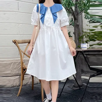 Vasaros medvilnės trumpomis rankovėmis suknelė mergaitėms 2022 naujos vidurinės mokyklos moksleiviams prarasti juosmens mados pasakų suknelė