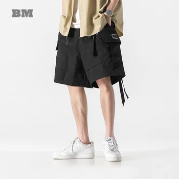 Vasaros Techwear Funkcinės Harajuku Krovinių Šortai Korėjos Streetwear Prarasti Tiesiai Atsitiktinis Kelnės Hip-Hop Black Vyrų Drabužiai.