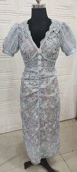 Vasarą Moterys Midi Ilgio Suknelė Trumpomis Rankovėmis Krištolo Ir Deimantų Grandinėje Gėlių Mygtuką Siuvinėjimo Nėrinių Bodycon Suknelės Mėlyna Šalis Komplektai