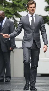 Vestuvių tinka 2018 - pilka džentelmenas suknelė ginklą apykaklės vyrų yra du mygtukai 2 kostiumas slim tinka vestuvių (kailis + kelnės + kaklaraištis)