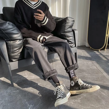 Vyriški Džinsai flanelė šiltas Atsitiktinis Jean Kelnės Kaubojus Vyras korėjos Prarasti Tiesiai Aksomo džinsinio audinio Kelnės Žiemos streetwear džinsai