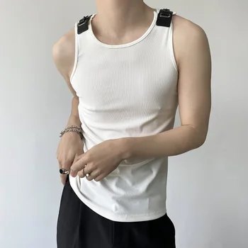 Vyrų Odos, Sagtis tankų Vest Marškinėlius Megzti Elastinga Vyrų Japonijos korėjiečių Streetwear Mados Slim Fit Tees Berankoviai marškinėliai