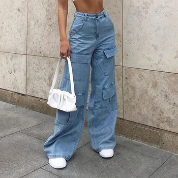 Y2K Moterų 90s Pločio Kojų Džinsai Mama Kratinys Didelis Kišenėje Krovinių Kelnės Derliaus Mopping Kelnės Atsitiktinis Streetwear Draugu Džinsinio Džinsus