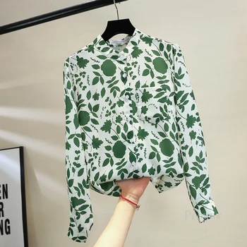 Žaliųjų Augalų Marškinėliai Moterims 2022 Naujos Elegantiškos Ponios Viršūnes Mados Dizaino Spausdinti Stovėti Apykaklės Marškinėliai Ilgomis Rankovėmis Marškinėliai Moterims Viršų